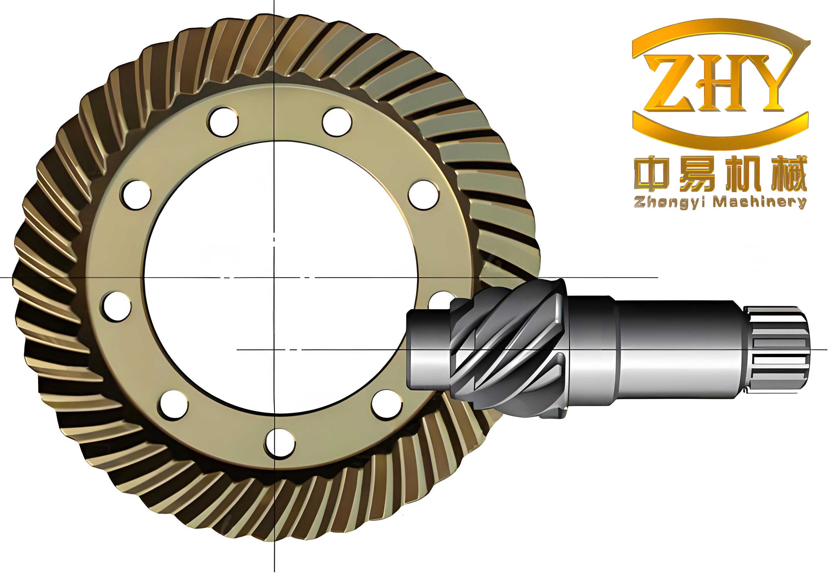 A detailed cross-sectional view of a hypoid gear set showing the pinion and gear in mesh, highlighting the offset between axes and the curved tooth contact pattern.