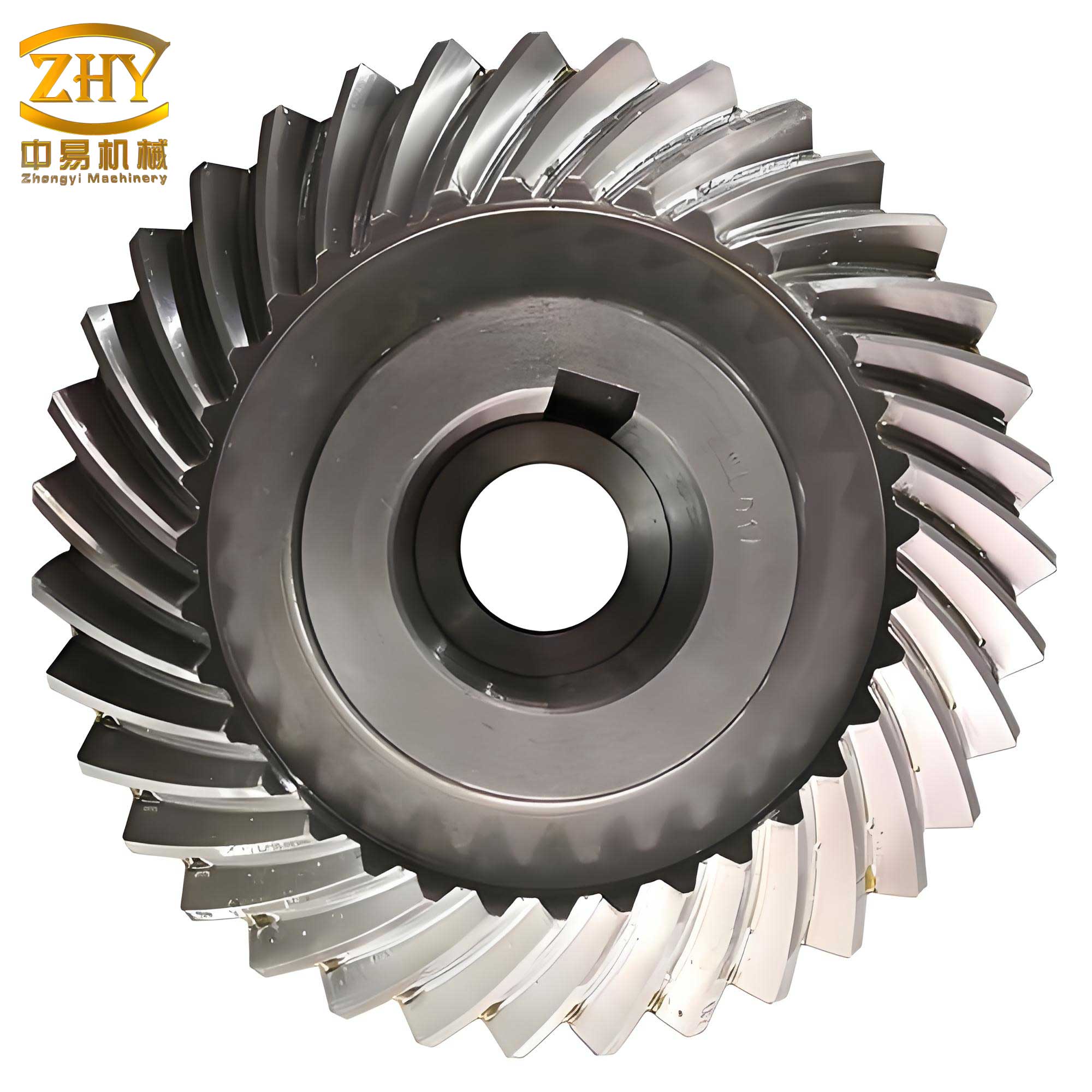 A detailed 3D model of a crossed-axis spiral gear pair, showing the helical teeth meshing at a right angle.